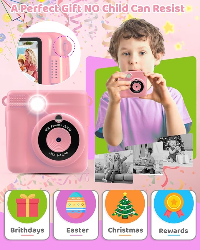 Instant Print Camera for Kids with 3 Rolls of Printer Paper, 1080P Toddler Digital Camera Toys for Age 3-12 with 32GB SD Card, Christmas & Birthday Gifts for 3 4 5 6 7 8 Year Old Girls & Boys (Pink)