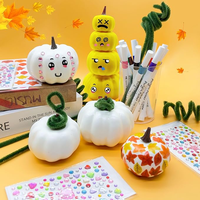 Cinrobiye 24 Set Fall Pumpkins Painting Crafts Kit,White Foam Pumpkins Craft Thanksgiving Pumpkin Kits Bulk for Halloween Thanksgiving Party Favors Classroom Activity DIY Projects Holiday Décor