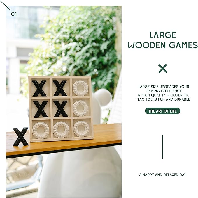 GENMOUS Wooden Tic Tac Toe Game Board for Seniors Family Indoor Game, 10.6 Inch White Rustic Giant Tic Tac Toe Coffee Table Decor, Tic Tac Toe Board Game Fun for Family Travel Outdoor Room Decor