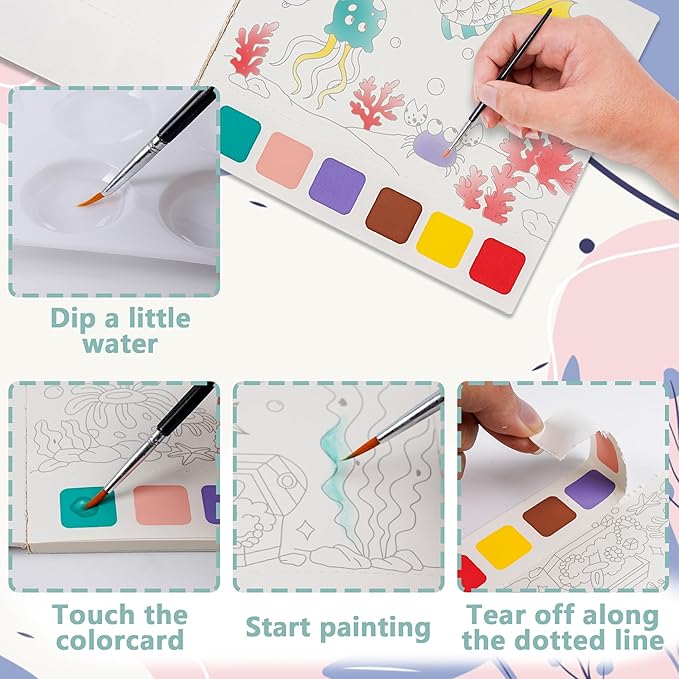 3 Pack Watercolor Coloring Books for Kids Watercolor Paint Book water color paint sets for kids coloring books for kids ages 4-8 Water Colors Paint Kids Pocket Hand Book Stocking Goodie Bag