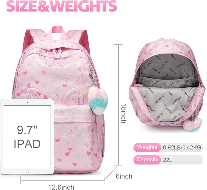 SUN EIGHT Lightweight Backpack for Girls Kids Elementary Bookbag Waterproof Large Space School Backpacks for Teens for Travel and School Ages 6+ Years old Casual Backpack(Pink Peach Heart)