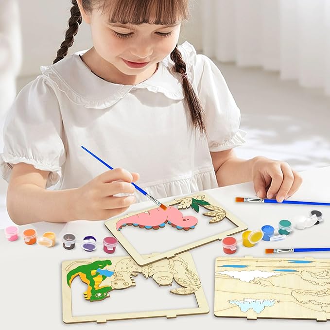 Vileafy 3D Wooden Painting Craft Kits for Kids 4-8 – DIY Arts & Crafts with Dinosaur, Ocean & Jungle Animals – Includes Individual Paints & Brushes for Party Favors and Classroom Prizes(3)