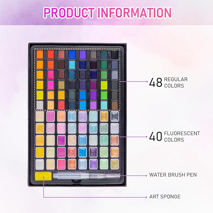 Falling in Art Watercolor Paint Set, 88 Colors Watercolor Paints, Painting Set with Water Brush and Sponge, Perfect Starter Kit for Beginners and Professionals