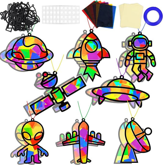 32 Sets Outer Space Suncatchers Craft Kit DIY Window Stained Glass Effect Planet Astronaut Alien Paper Crafts Home School Classroom Decoration Kid Birthday Gift Creative Art Project Activity Game