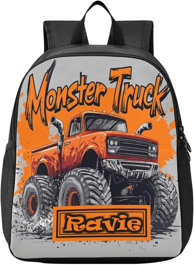 Monster Truck Gray Toddler Backpack for Boys Girls 3-6 Bookbag for Preschool Small Kindergarten Elementary Backpackss for Kids for Travel