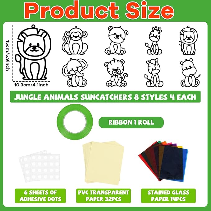 32 Sets Woodland Animal Suncatchers Craft Kit DIY Window Stained Glass Effect Forest Jungle Animals Paper Craft Home School Classroom Decoration Kid Birthday Gift Creative Art Project Activity Game