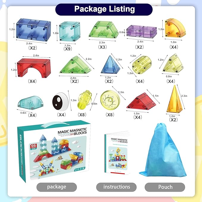 Magnetic Blocks,66 PCS Translucent Building Toys for Toddlers 3+,Multi Shape Magnet Building Blocks STEM Preschool Montessori Sensory Toys for 3 4 5 6 Year Old Kids Boys Girls