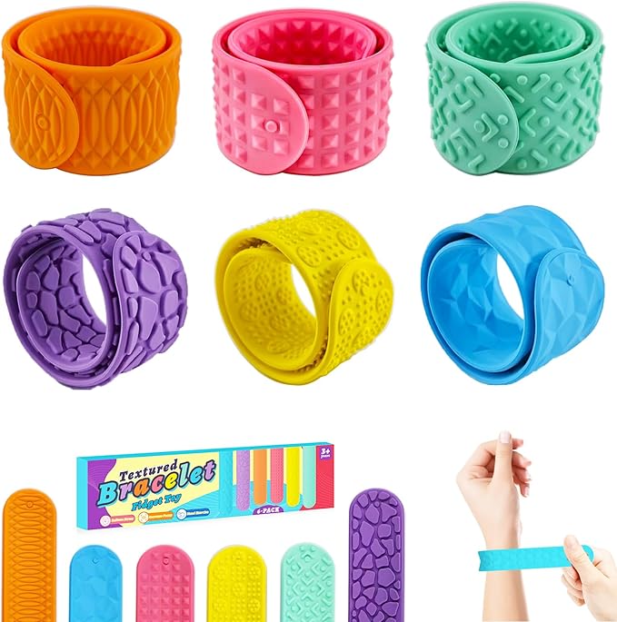 6 PCs Fidget Toys Slap Bracelets,Sensory Toys for Kids with Autism,Textured Silicone Anxiety Relief Items for Adults,Calm Down Classroom Toys,Wearable Stress Fidgets for Adults Office Desk