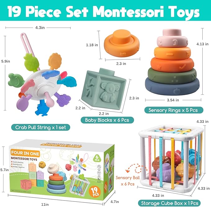 Montessori Baby Toys for Ages 6-18 Months - Pull String Teether, Stacking Blocks, Sensory Shapes Storage Bin, Infant Bath Time Fun, 4 in 1 Toddlers Toy Gifts for 1 2 3 Year Old Boys Girls