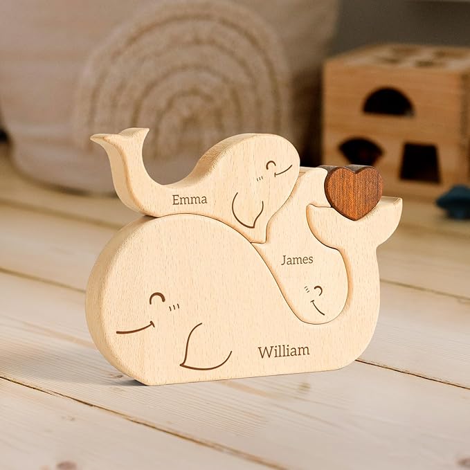 Wooden Whales Family Puzzle, Personalized Puzzles with 2-5 Names, Mothers Day Birthday for Women Men, Customized Home Decor Housewarming Gifts for Parents Couple
