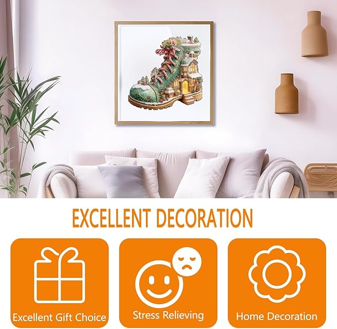 Wooden Puzzles for Adults, Christmas Snow Boot Hut Wooden Jigsaw Puzzle for Adults, Unique Shape Wood Puzzles Adult, Presents for Women and Men, Wall Art Home Decor(L-13.4 * 13.4in- 240 Pieces)