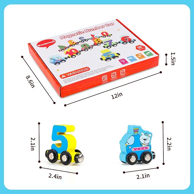 Wondertoys 12 PCS Wooden Number Train Set Toy Includes 1 Engine Cars for Toddlers Boys and Girls, Compatible with Major Brands Train Set Tracks
