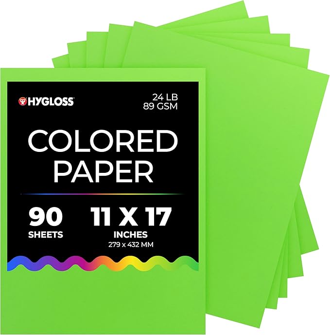 Hygloss Light Green Colored Paper - 24 lb, 89 GSM, Acid-Free, Fade-Resistant, 11x17-Inch Ledger Size Color Copy Paper, 90 Sheets