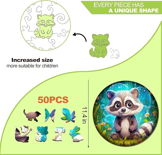 Wooden Puzzles for Kids Ages 4-8, Cute Raccoon Puzzle, Unique Animal Shaped Wooden Jigsaw Puzzles for Kid, 50 Pieces Puzzles for Kids(50pcs,11.4 * 11.4in)
