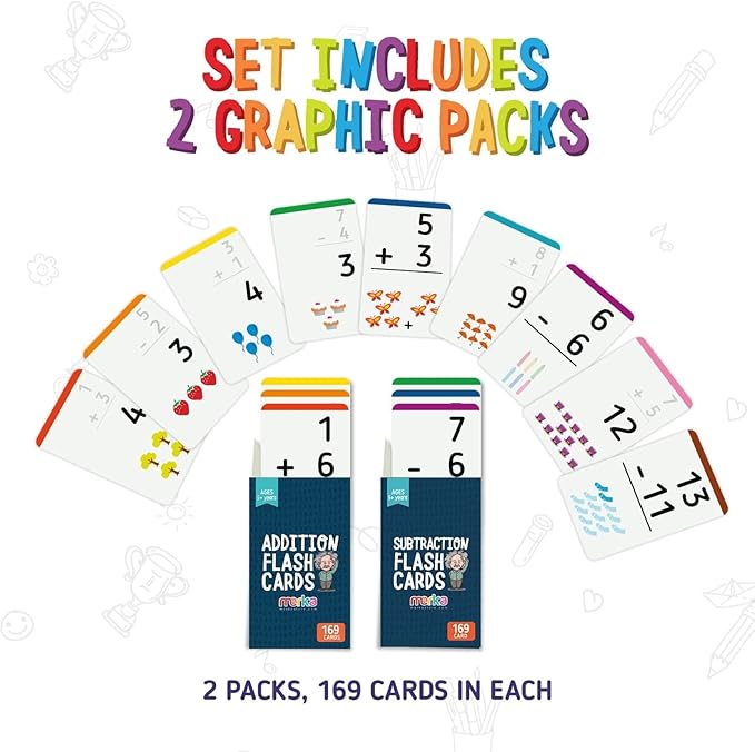 merka Math Flash Cards, 338 Flashcards in Total, Addition and Subtraction, Learning Mathematics, Create Game for Kids, Classroom and Homeschool Toys, 1st to 4th Graders, 2 Sets with 169 Pcs Each