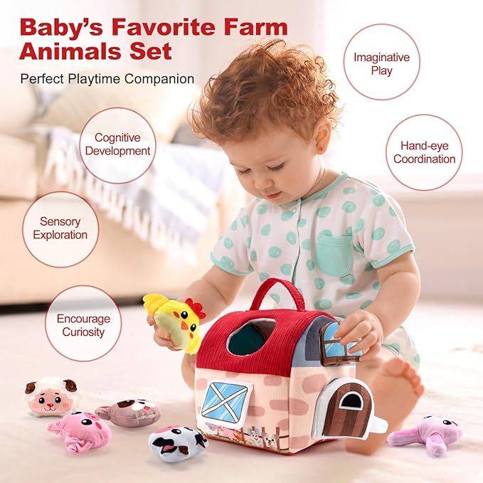 Baby Toys 6-12 Months - Surprise Barn Stuffed Farm Animals, Mirror, Rattle, Montessori Toys for 6 Month Old Babies Sensory Balls Toddlers 1-3 Soft Barn Toy Plush Animal House Christmas Birthday Gifts