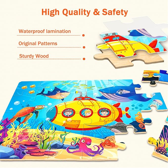 Wooden Puzzles for Kids Ages 4-6, 24 Pieces Dinosaur, Undersea, Wildlife, Farm Jigsaw Puzzles for Kids Ages 3-5. 4 Pack Toddler Puzzles Toys for Boys and Girls Ages 3,4,5,6 Year Old