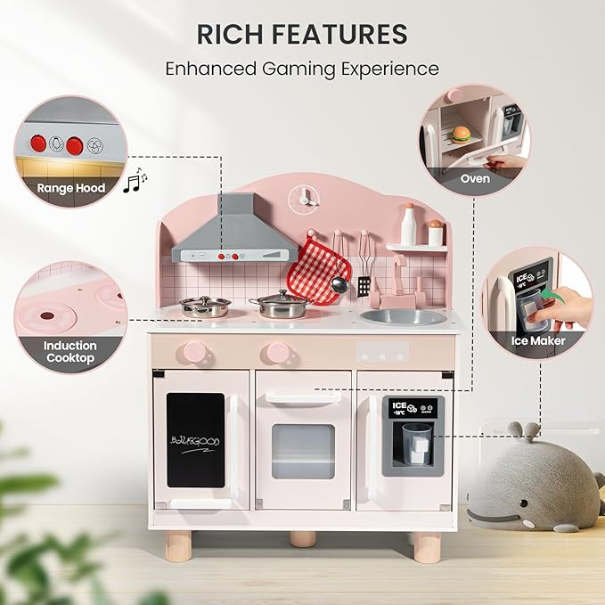 Bluewood Wooden Kids Kitchen Playset,Pretend Toy Kitchen for Toddlers Ages 1-3, with Lights, Sound, Oven, Ice Maker, Sink & Storage – Montessori Indoor Role Play Gift