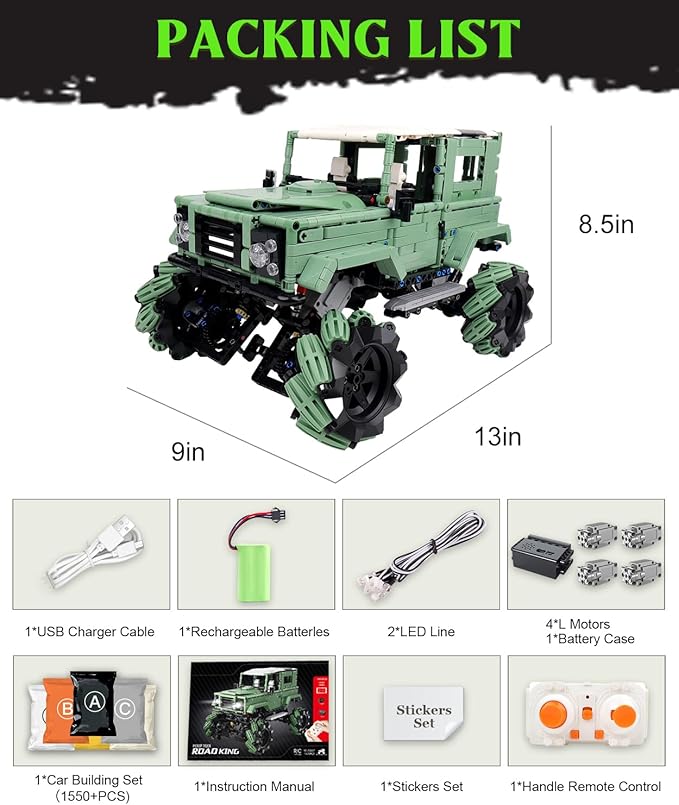 Off-Road Car Building Kits with Remote Control for Adults,Technic Pickup Truck Building Blocks Toys,STEM Engineering Gift for Mens,Boys,Kids-1670PCS(Military Green)