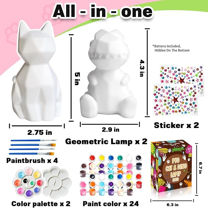 FUNZBO 2Pcs Paint Your Own Dinosaur & Cat Lamp - Arts and Crafts Supplies Painting Kits for Kids Teens Adults, DIY Night Light Toy for Toddlers Girl Boy Ages 3 4 5 6 7 8 9 10 11 12 13 + Birthday Gifts