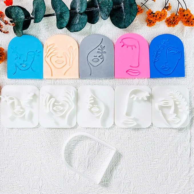 Polymer Clay Cutters Line Face Set – 6PCS Abstract Portrait Clay Cutters for Polymer Clay Jewelry, Clay Earring Cutters with Arch Shape and Face Texture Molds, Clay Tools for Artistic Earrings