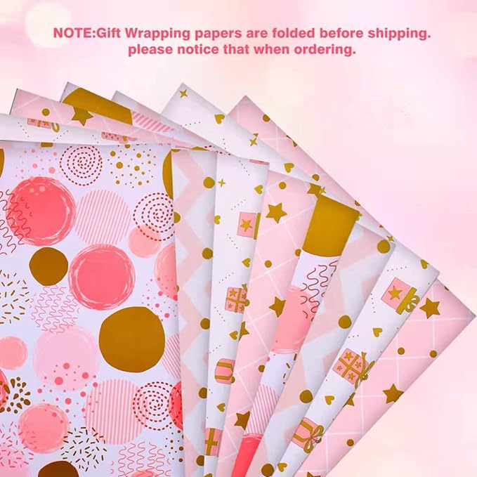 Wrapping Paper Pink Gold Birthday Gift Wrapping Paper for Girls Women-Soft Pink Gift Wrap Paper and Ribbon Sticker,Pretty Present Wrap Folded Sheets for Party,Wedding,Valentine's Day(6 Sheets, 27.5"Lx19.6"W per Sheet)