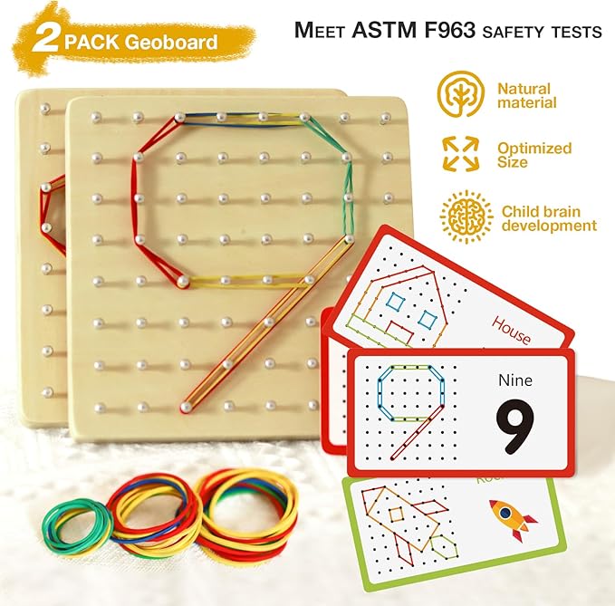 2Pack Wooden Geoboard Montessori Toys - Wood Geo Board Manipulative Geoboards for 4 5 6 Year Old Kids with Pattern Cards and Rubber Bands,Brain Teaser STEM Toy for Boys Girls Ages 3-6