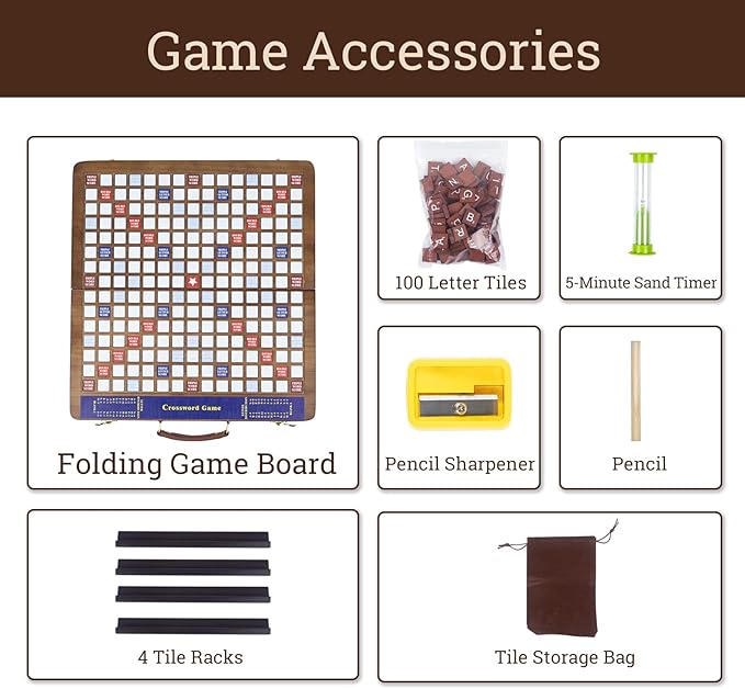 Wooden Folding Crossword Board Game – Word Game Set with 100 Letter Tiles, Sand Timer, Pencil, Racks & Bag – Portable Wooden Game for Adults & Family