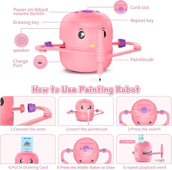 Smart Drawing Robot for Kids,Montessori Educational Painting Toy for 5+ with Voice Interaction&16 Color Pens,Magic Drawing Robot with 150 Learning Word Cards,Ideal Gift for 5+ Year Old Boys Girls