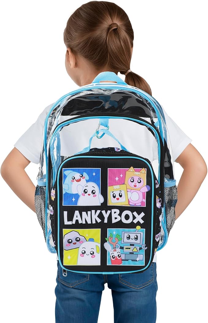 Bioworld Lanky Box Character Grid 16" Clear Backpack & Lunch Kit Value Set for Boys