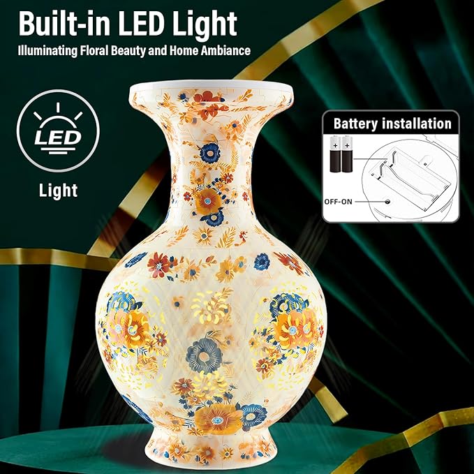 LED Flower Puzzle Vase for Adults, 200-Piece 3D Puzzle Vases for Home and Office Decor, Unique Flower Vase for Living Room & Bedroom, Creative Crafts for Adults