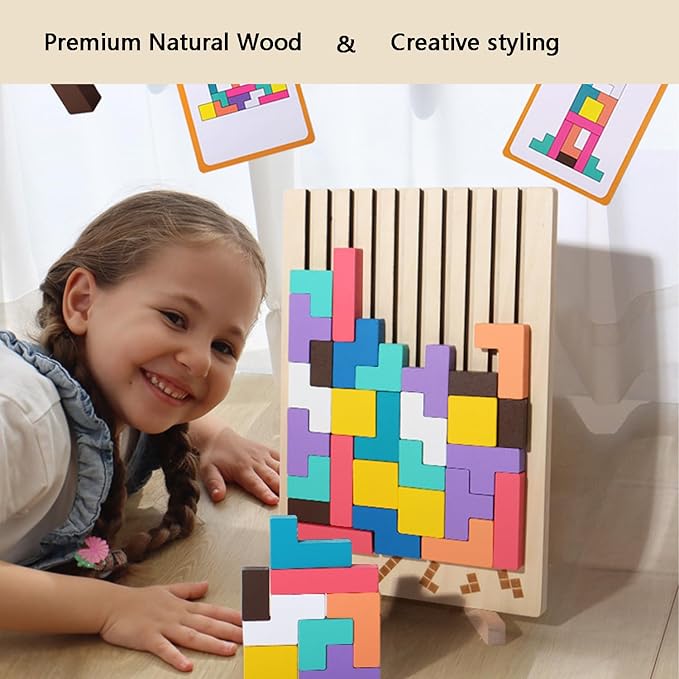 Montessori Brain Blocks, Colored 3D Wooden Russian Puzzle, Develops Logic & Spatial Reasoning, Wooden Stacking Puzzle Giant Board Game, Open-Ended Play Thinking for Boys and Girls (A)
