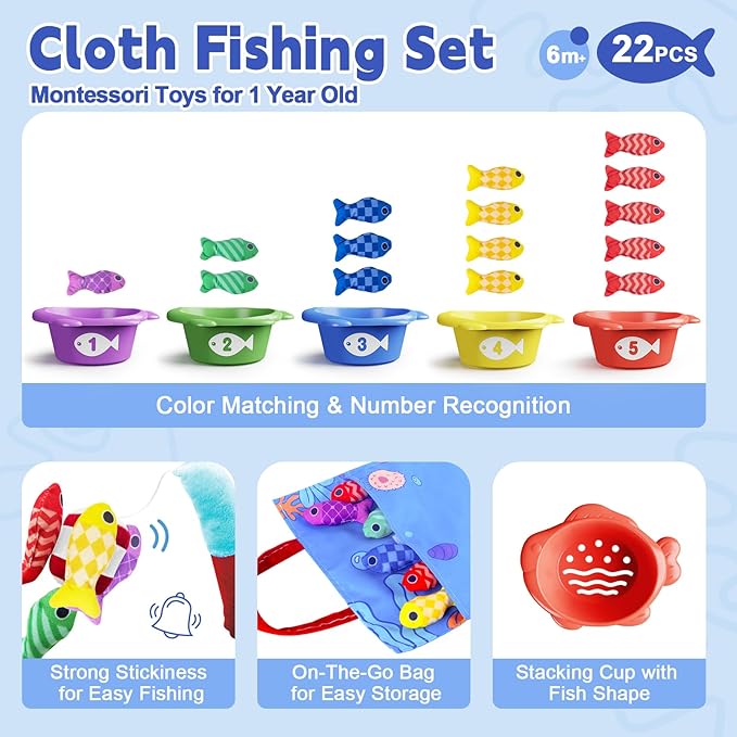 Baby Toys for 1 Year Old - Fishing Game for Toddlers 1-3, Montessori Toy for Toddler kids Number Counting, Color Sorting, Shape Learning, 22PCS Fishing Toy Gift for 1 2 3 Years Old Boy Girl Birthday