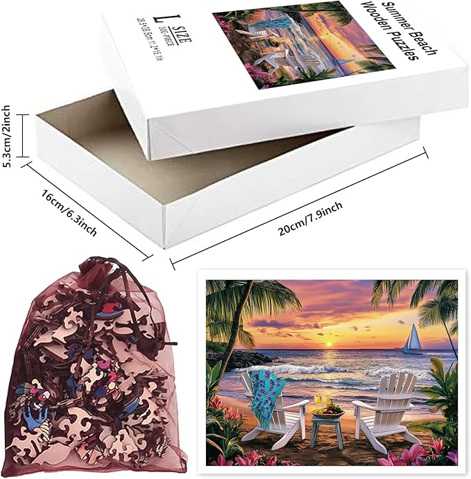 GLOBLELAND 300Pcs Summer Beach Wooden Jigsaw Puzzles for Adult Ocean Waves Wooden Puzzles Colorful Unique Shaped Wood Puzzles for Holiday Birthday Gifts