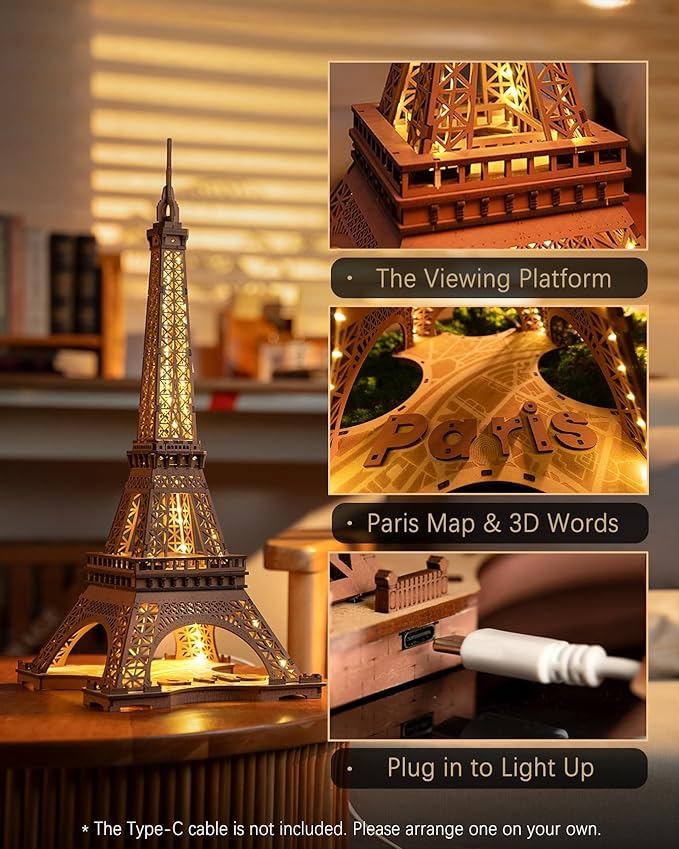 Rolife 3D Wooden Puzzles for Adults, Large Eiffel Tower Set-LED Model Building Sets, Paris Architecture Kits as Home Decor Gift Ideas for Women and Men.