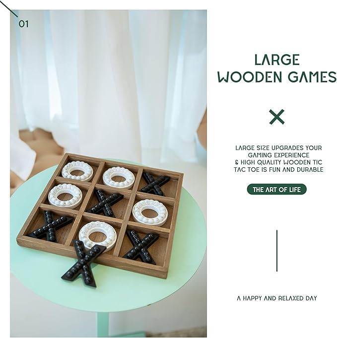 GENMOUS Wooden Tic Tac Toe Game Board for Seniors Family Indoor, 10.6 Inch Rustic Giant Tic Tac Toe Coffee Table Decor, Fun for Family Travel Outdoor Game Room Decor