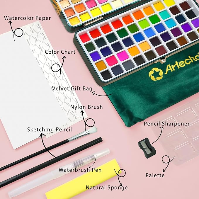 Artecho Watercolor Paint Set 100 Colors with Metallic in Portable Box, Paint Kit with Watercolor Papers and Brushes, Water Color Set for Beginners & Professionals