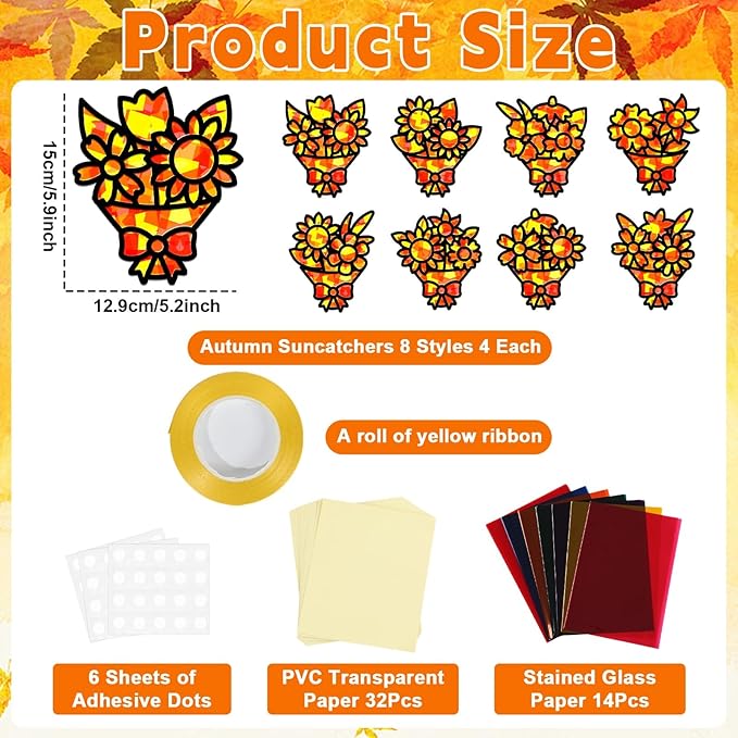 32 Sets Fall Bouquet Suncatchers Craft Kit DIY Window Stained Glass Effect Autumn Bouquet Paper Crafts Home School Classroom Decoration Kid Birthday Gift Creative Art Project Activity Game