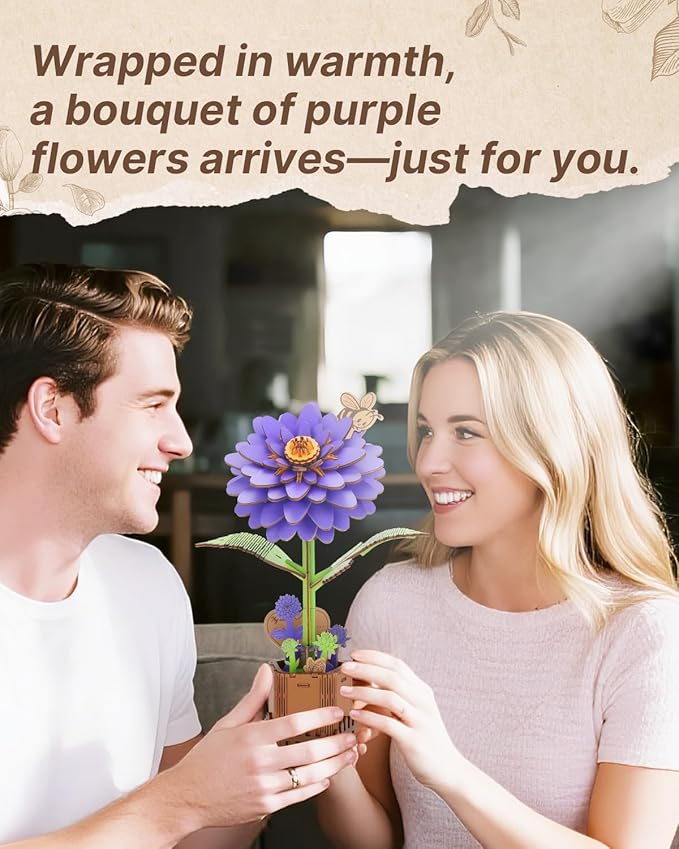 Welsky 3D Dahlia Wooden Puzzles for Adults, DIY Wooden Flower Craft Kit, Artificial Flowers Model Kit to Assemble for Adults.(6.14 * 3.9 * 8.86in 117PCS)