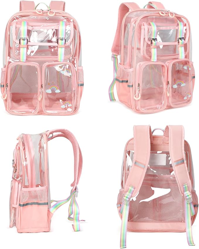 Clear Backpack for School - 17" Transparent Backpacks With Water-Resistant PVC Plastic Material and Ruggedly Reinforced Shoulder Straps, School Bag for Teen Boys Girls Pink