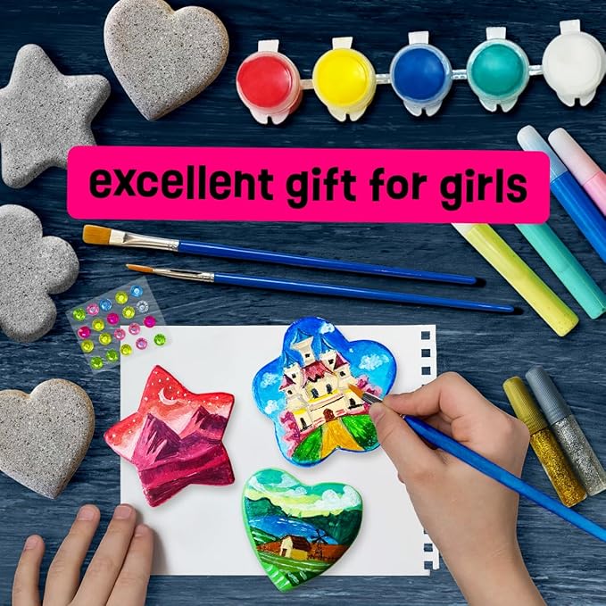 Heart, Flower & Star Shaped Rocks - Glow in The Dark Rock Painting Kit for Kids - Arts & Crafts Toys for Kids Ages 6-12 - Valentines Day Craft Kits - Birthday Gifts for 6 7 8 9 10 11 12 Year Old Girls