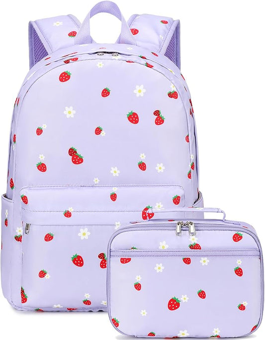 LEDAOU Kids School Backpack with Lunch Box for Girls Boys Kindergarten BookBag School Bag Preschool Toddler Backpack(Purple Strawberry)