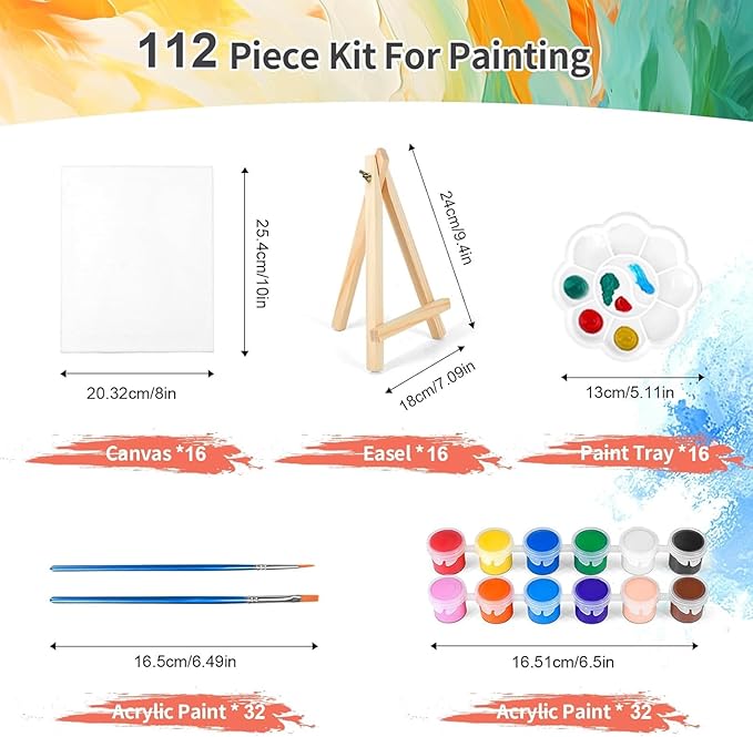 16 Pack 8 * 10In Canvas Boards for Painting, Art Canvas for Drawing with 32 Brushes & 16 Paint Trays & 32 Acrylic Paint, Mini Painting Canvas with Easel Set, Painting Kits for Adults & Kids Party