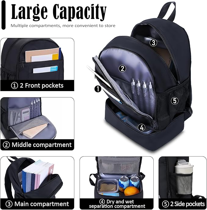 NOL Natural Organic Lifestyle Kids 2-in-1 Backpack & Insulated Lunch Bag-16 Multi-Functional Large Compartments Backpack for School & Travel, Double Deck, Water Resistant, Leak-proof, Padded (Black)