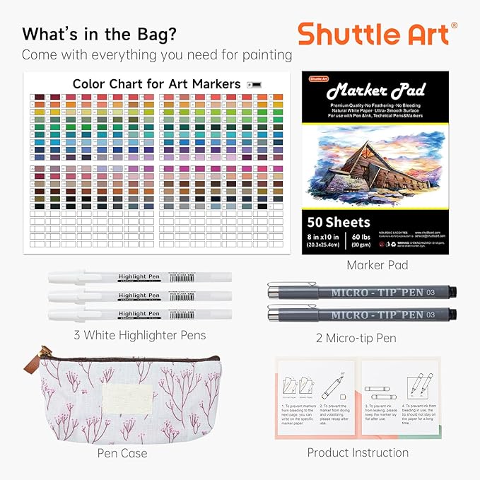 Shuttle Art 240 Colors Alcohol Markers, 239 Colors Dual Tip Art Marker Set Plus Colorless Blender, Micro-tip Pens, White Highlighter Pens, Marker Bag with Holders Perfect for Students Adults Coloring