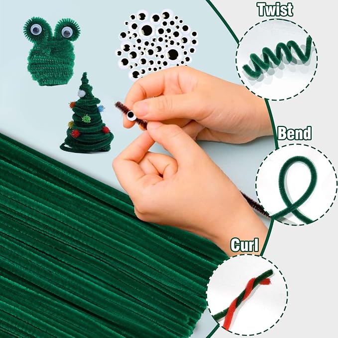 URSDIART (350pcs/Set) Green Pipe Cleaners and Wiggle Eyes, Dark Green Christmas Chenille Stems Pipe Cleaners Bulk 12 Inch Pipe Cleaners for Crafts DIY Creative,Halloween Decoration Art Supplies