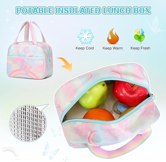Rainbow Butterfly Backpack Set with Lunch Bag & Pencil Case, Kids' Kindergarten to Middle School Book Bag, Green