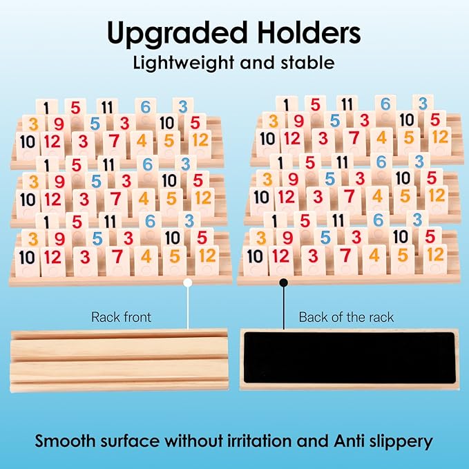 Rummy Cube Game 6-8 Players with Portable Travel Case, 214 Melamine Rummy Tiles & 8 Wooden Holders, Classic Family Strategy Board Game for Adults Kids