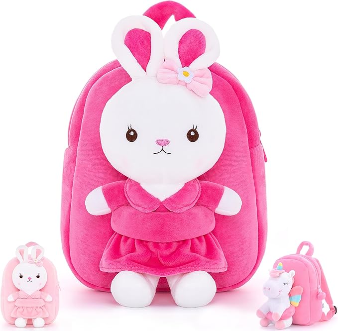 Gloveleya Kids Backpack Girl Backpack Toddler Girl Backpacks with Stuffed Bunny Toy Rose Red 9''