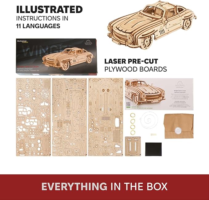 UGEARS Winged Sports Coupe Model Car Kit - 3D Wooden Puzzle for Adults – Model Kit for Adults to Build - DIY Wooden Car with Authentic Gull-Wing Design